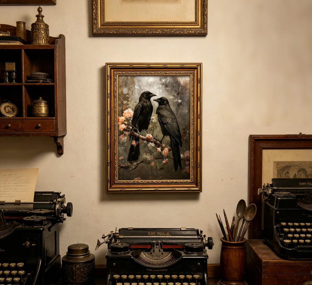 Vintage Gold Framed Crow Wall Art, Gothic Raven Floral Canvas Prints, Dark Academia Aesthetic Bird Wall Decor, Moody