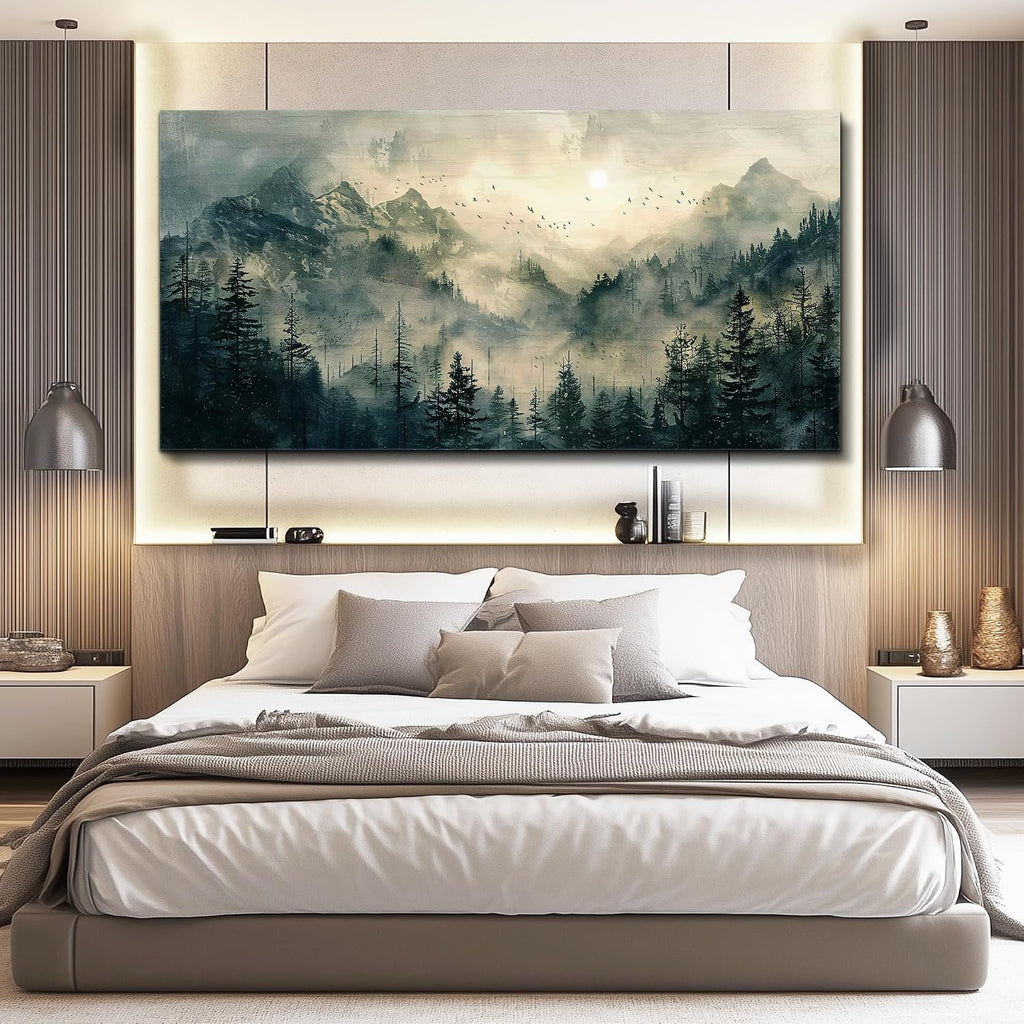 Large Framed Wall Decor Canvas Wall Art Farmhouse Wall Decorations Forest Fog Landscape Paintings Modern Pictures