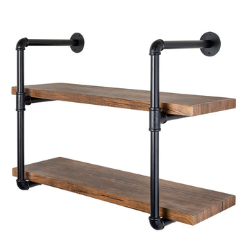 Industrial Pipe Shelf Bracket, 2 Tiers Retro Wall Mounted Floating Shelf, Wood DIY Bookshelf, Storage Shelves