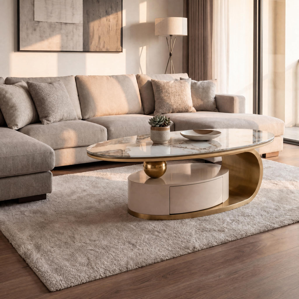 Oval Faux Marble Coffee Table with Storage Drawer, Luxury Gold Stainless Steel Base & Clear Tempered Glass Tabletop