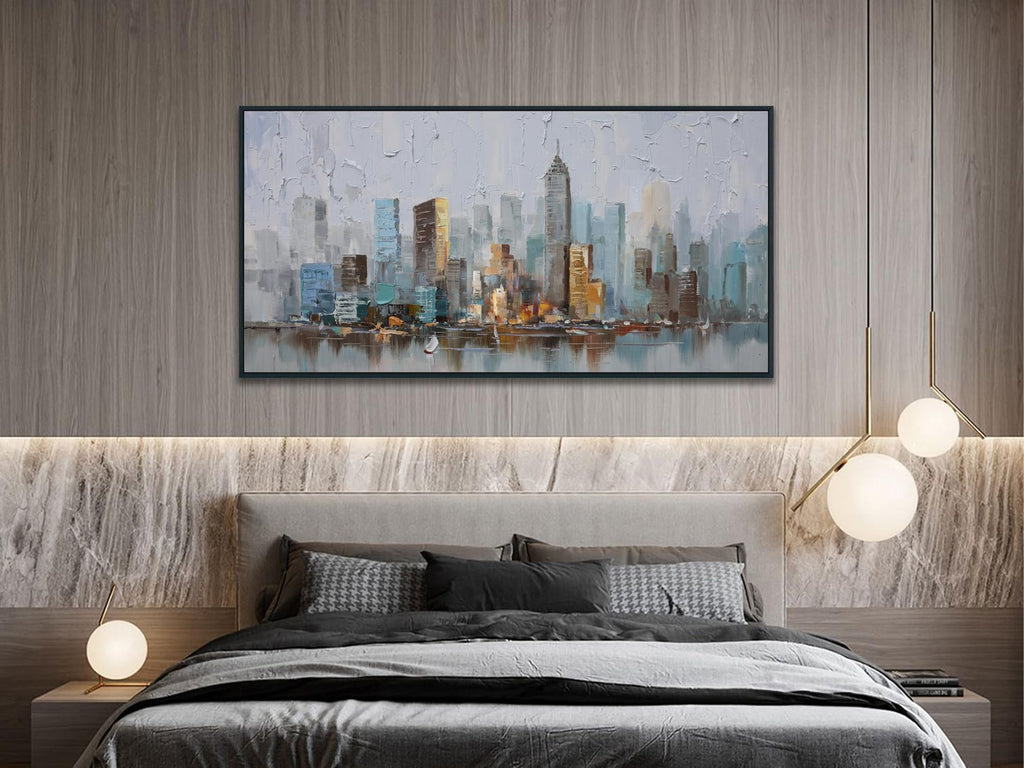 NYC City Canvas Wall, New York City Painting Abstract Modern Skyline Grey Picture Large Size Artwork Hallway Home