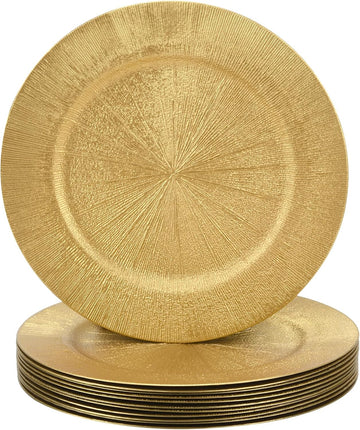 Inch Gold Charger Plates, Round Reef Pattern, Plastic, for Dinner Plates, Wedding Decor, Table Setting - Set of 12