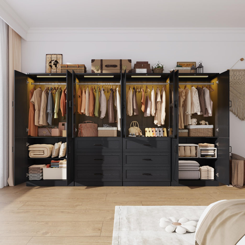 75" Tall Farmhouse 8 Doors Armoire Wardrobe Closet with 6 Drawers and LED, Freestanding Closet Wardrobe Cabinet with