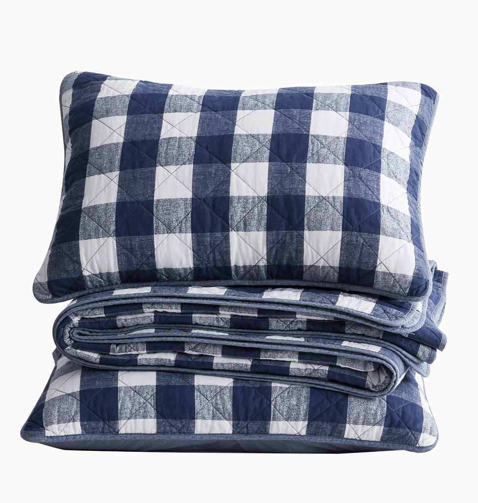 3-Piece Blue White Plaid Cotton Quilt Set - Buffalo Check Solid Reversible Bedspread - Pre-Washed Cotton Lightweight