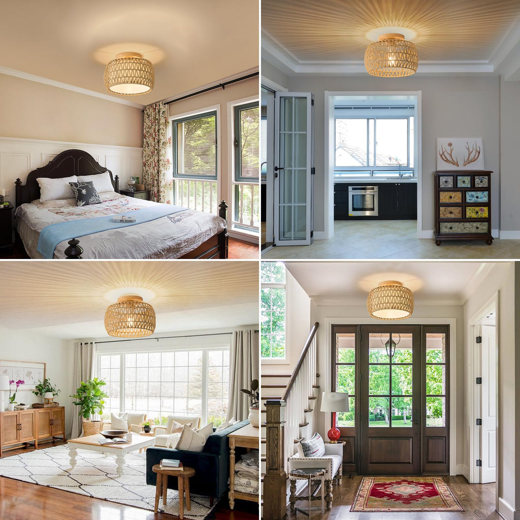 Boho Rattan Flush Mount Ceiling Lights Fixtures 12 Inch 1 Pack