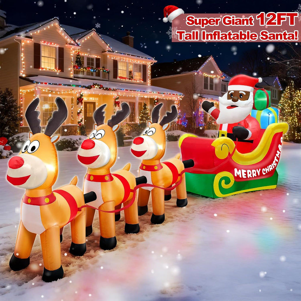 12 Ft Long Christmas Inflatable Black Santa Rides in a Sleigh Pulled by Three Reindeer with Gift Box, African