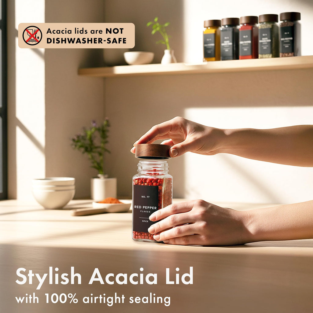 Glass Spice Jars with Label, 24x Acacia Wooden Lids - Black Labels