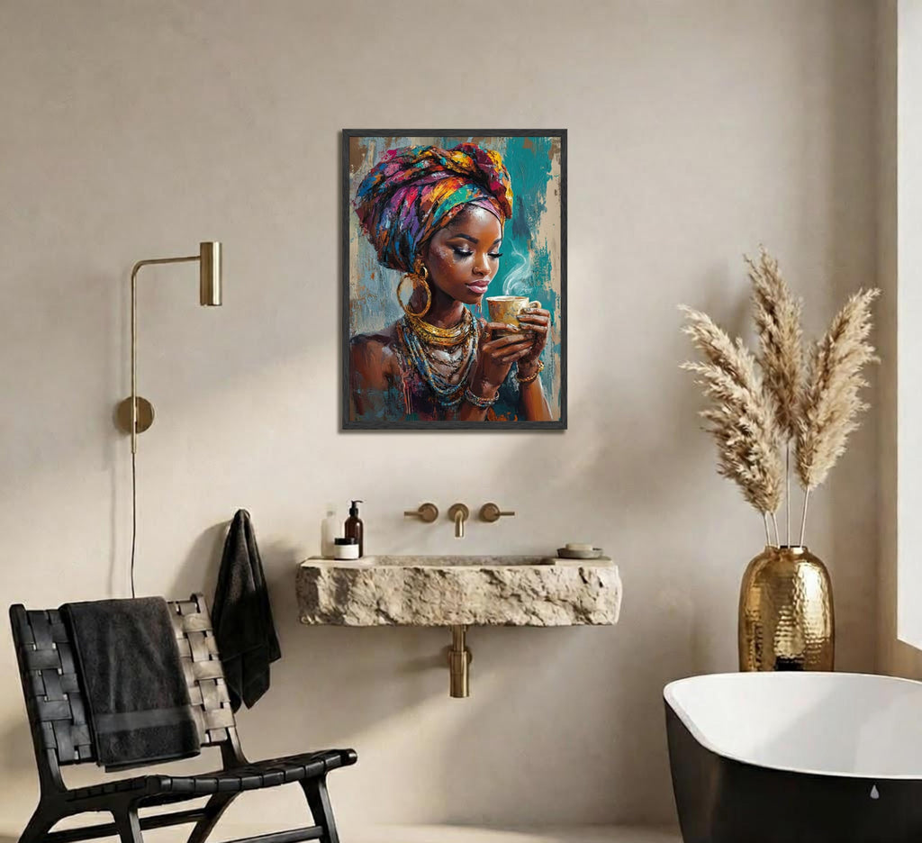 Framed Black Woman Canvas Wall Art, African American Wall Decor, Fashion Modern Abstract Painting Picture, Coffee
