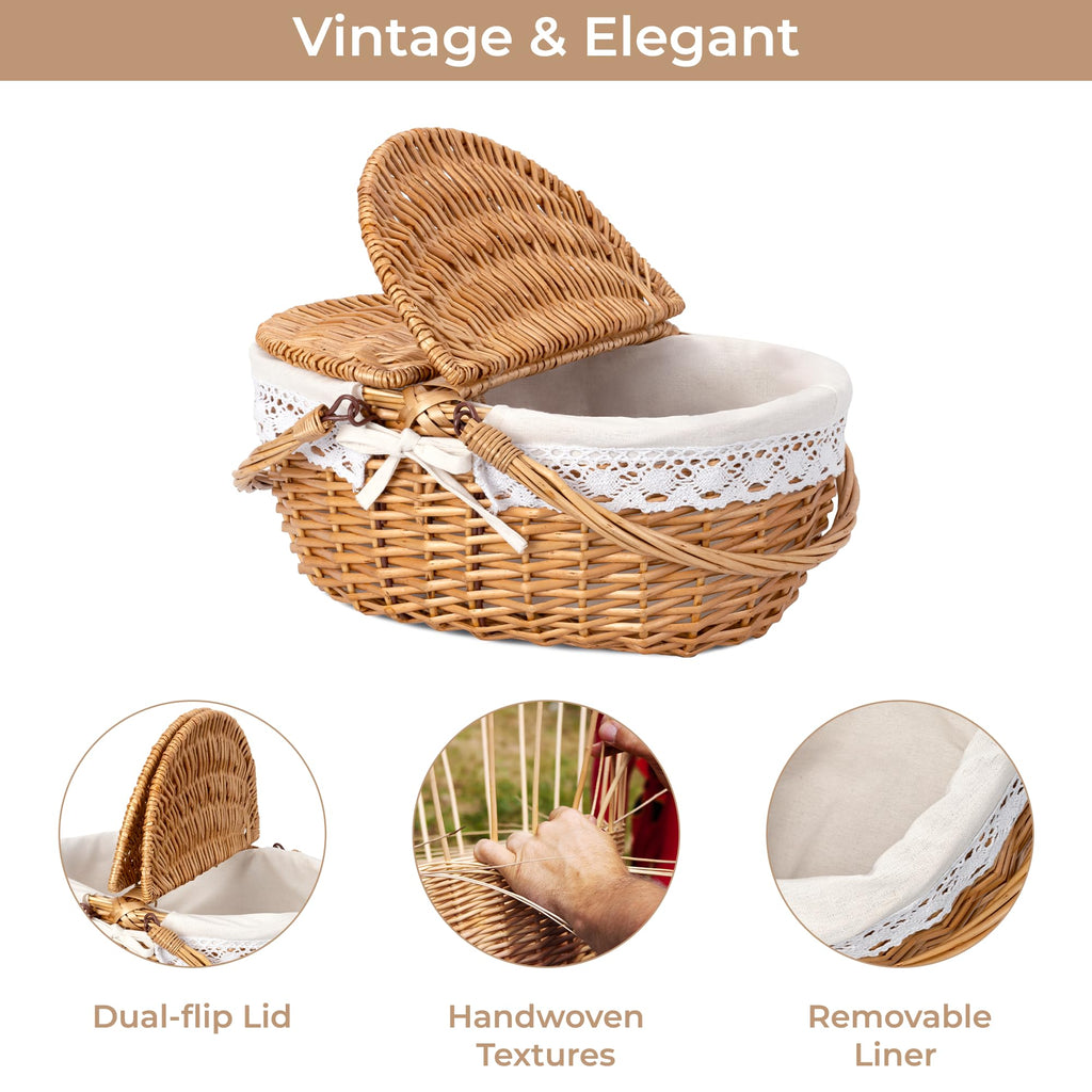 Vintage Picnic Basket with Lid, Woven Cute Basket with Handle