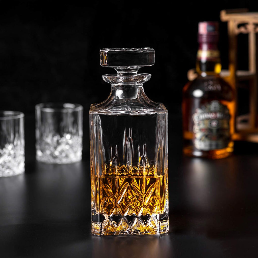 Whiskey Decanter And Glasses Set in Unique Gift Box - Original Crystal Liquor Decanter Set For Bourbon, Scotch - Set of 5