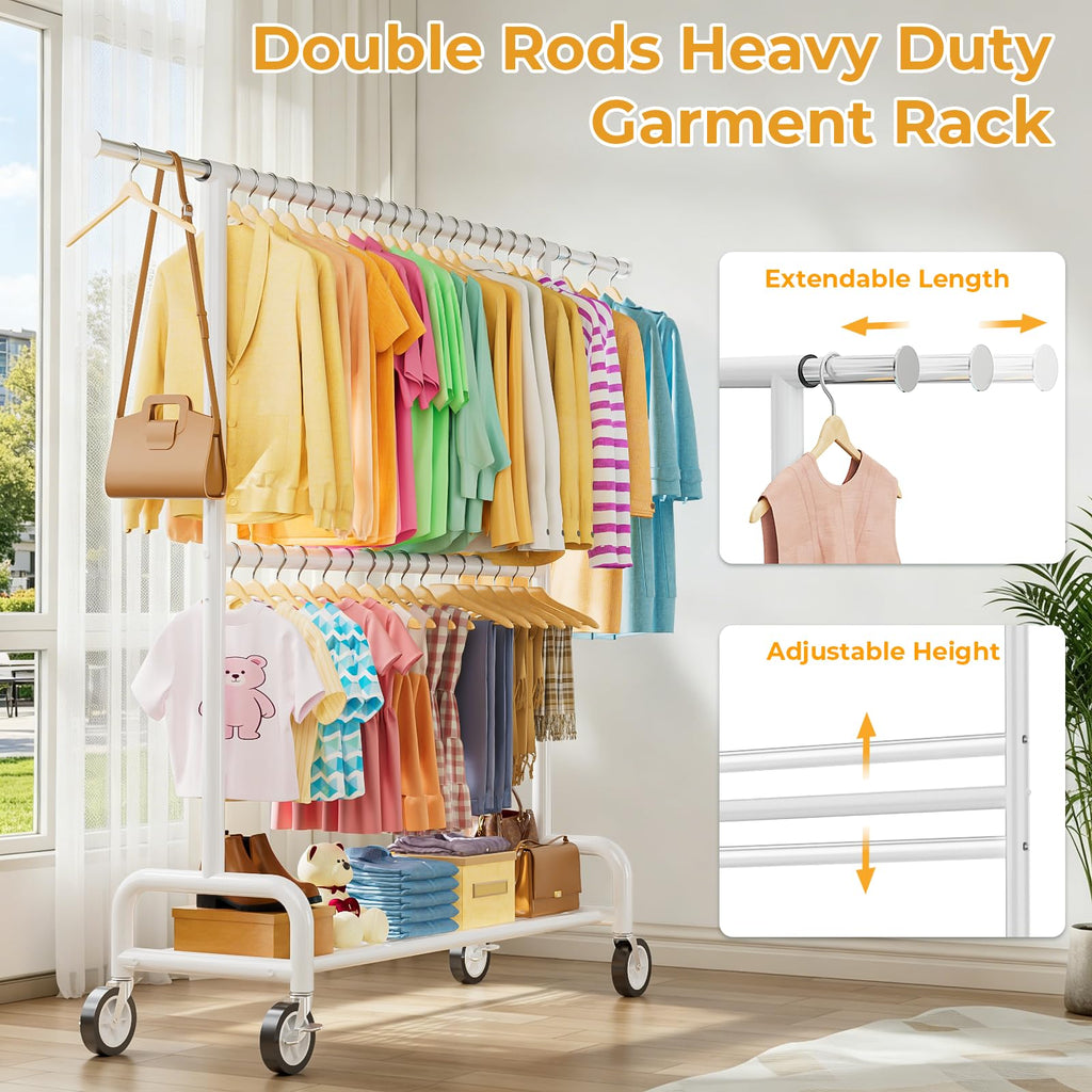 Heavy Duty Clothes Rack Load 860LBS, Double Rods Rolling Clothing Racks for Hanging Clothes, Rolling Garment Rack