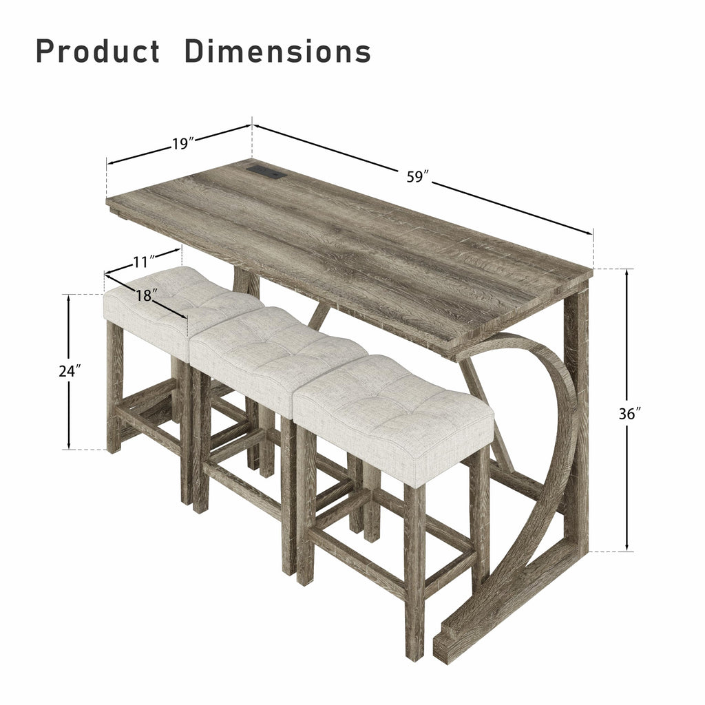 4-Piece Counter High Bar Table Set with Socket and 3 Fabric Padded Bar Stools, Tall Kitchen Breakfast Nook with Stool