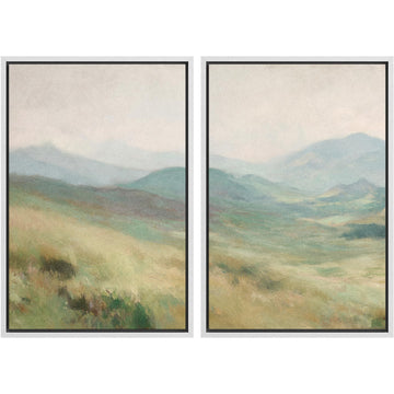 Framed Canvas Print Wall Art Set Soft Green Mountain Landscape Illustration Modern Art Decorative Nature - 24"x36"x2