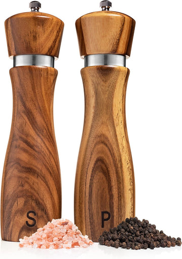 Wooden Salt and Pepper Grinder Set: Refillable Salt & Pepper Mills Adjust for Customized Coarseness, Crafted of Solid - Set of 2