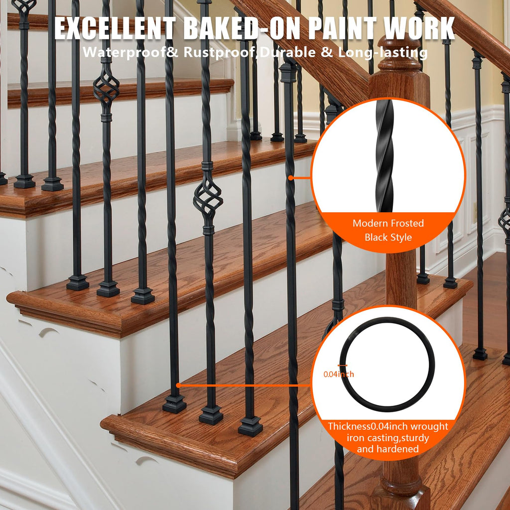 Wrought Iron Balusters (Set of 10), Hollow Double-Spiral Twist Stair Spindles, Decorative Metal Balusters Spindles for