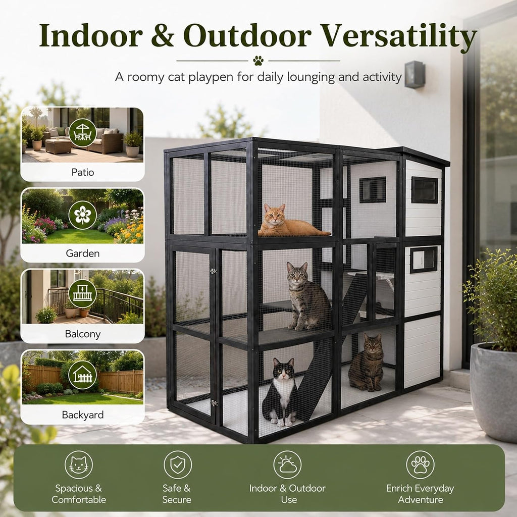 Large Outdoor Cat Enclosure Catio, 77.4" Wooden Multi-Level Cat House with Weatherproof PVC Roof, Wire Mesh, Ramp &