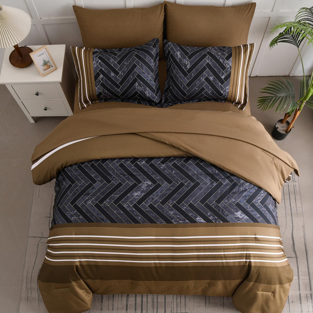 Brown Comforter Set Queen, 7 Pieces Boho Striped Bed in a Bag Set