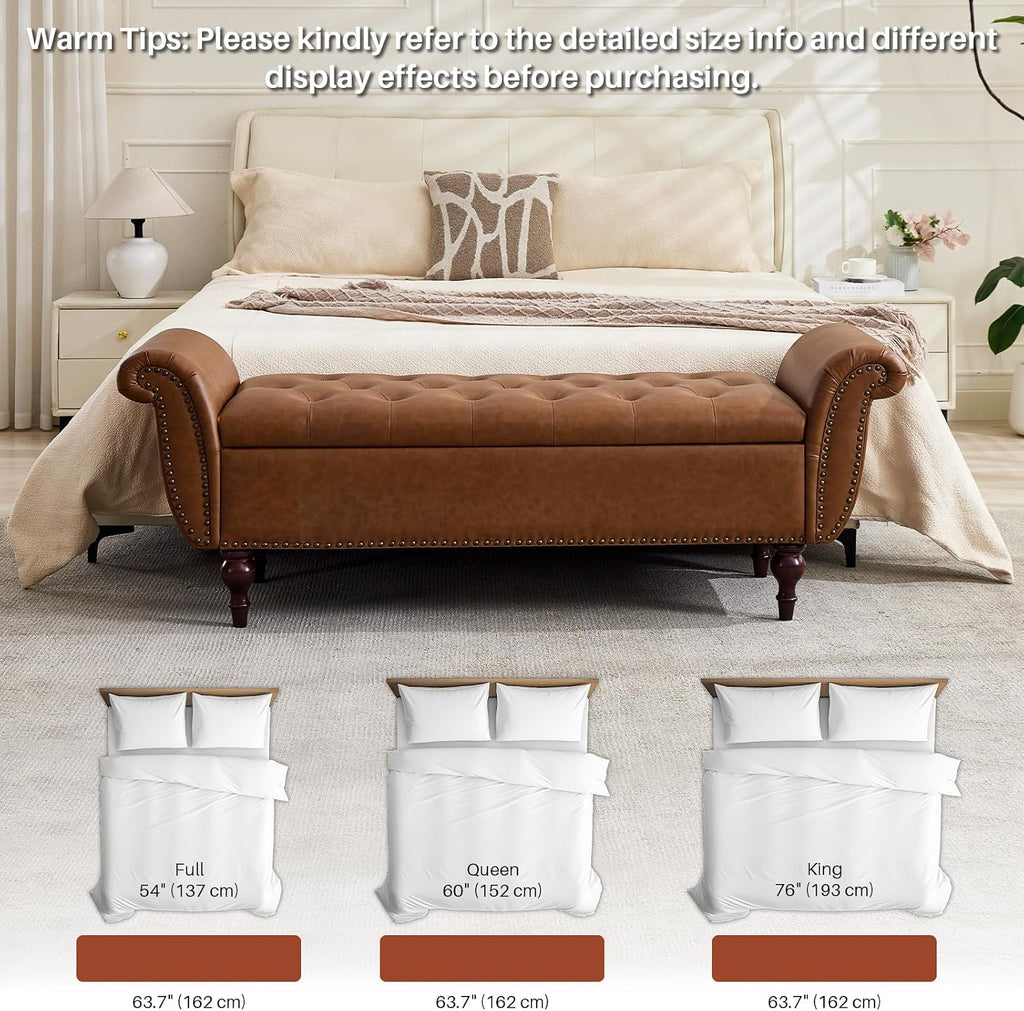 63.8" Storage Bench Faux Leather End Of Bed Bench With Storage | Upholstered Ottoman Foot Rest With Rolled Arms