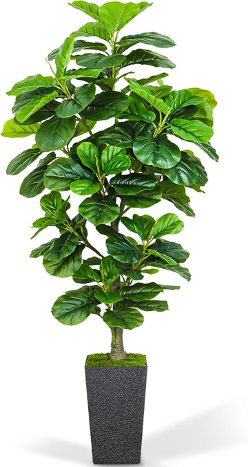 Fiddle Leaf Fig Tree 6ft, 6 Feet Large Tall Fake Plants Indoor with Modern Style Planter, Artificial Silk Tree Living