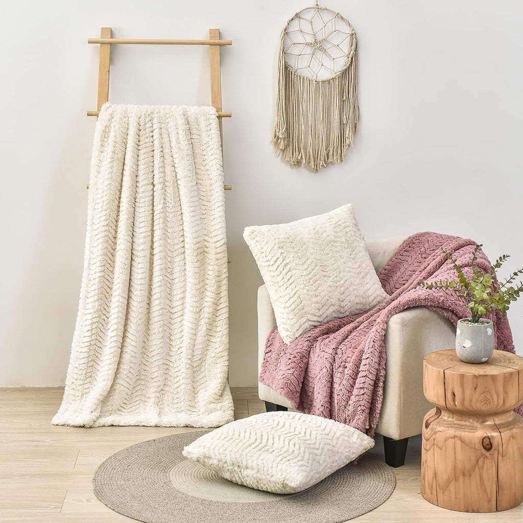 Luxury Double Sided Faux Fur Throw Blanket,700GSM Ultra Soft Fuzzy Thick Throw,Fishbone Pattern, Machine Washable