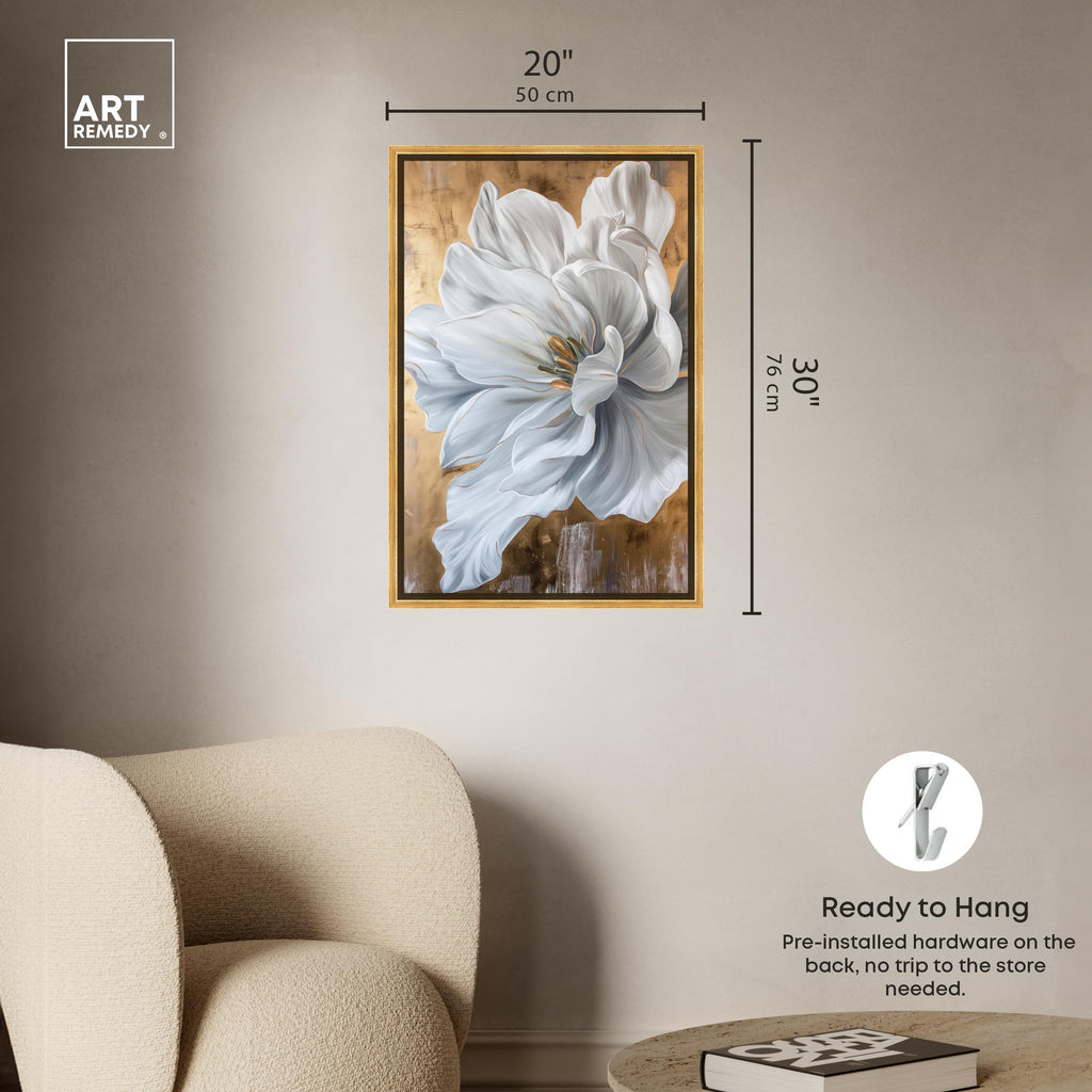 Bloom White Petals Framed Floral Fine 1 Piece Canvas Wall Art, 21.5" x 31.5", Gold Frame