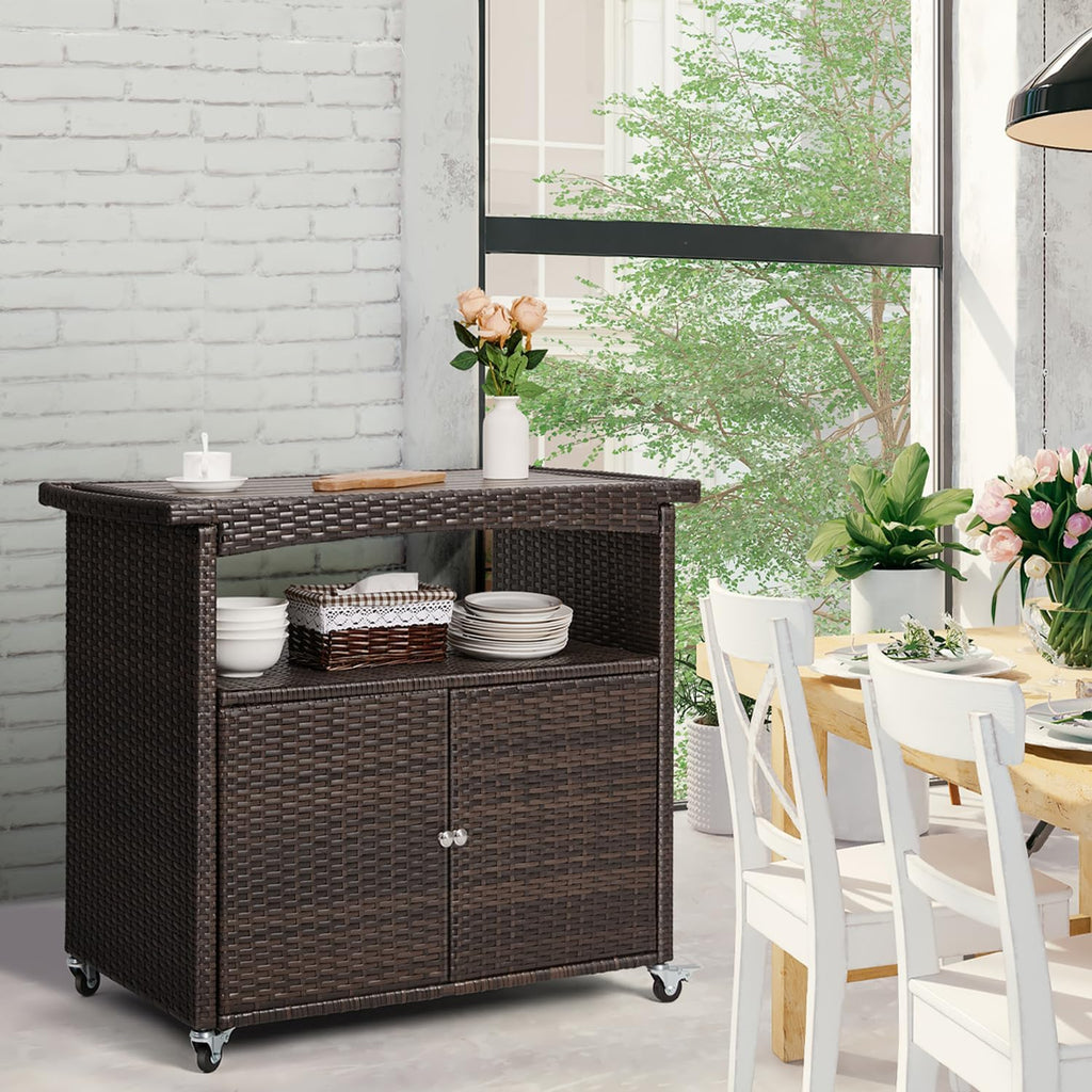 Outdoor Storage Cabinet,Outdoor Cabinet Outdoor Bar Cart with Rolling Heels Patio Bar Table with Storage Wicker