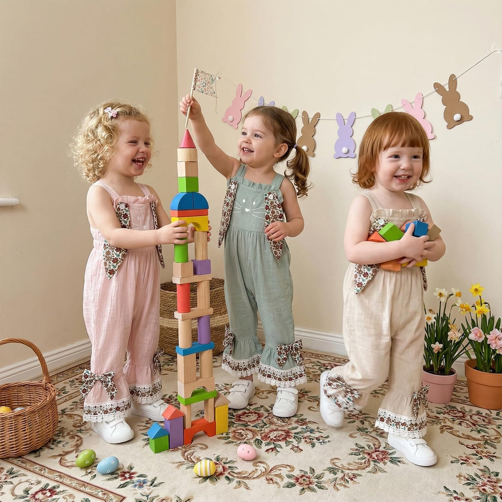 Toddler Baby Girl Easter Outfit Bunny Overalls Ruffle Bell-Bottom Plaid One Piece Romper Jumpsuit Cute Clothes