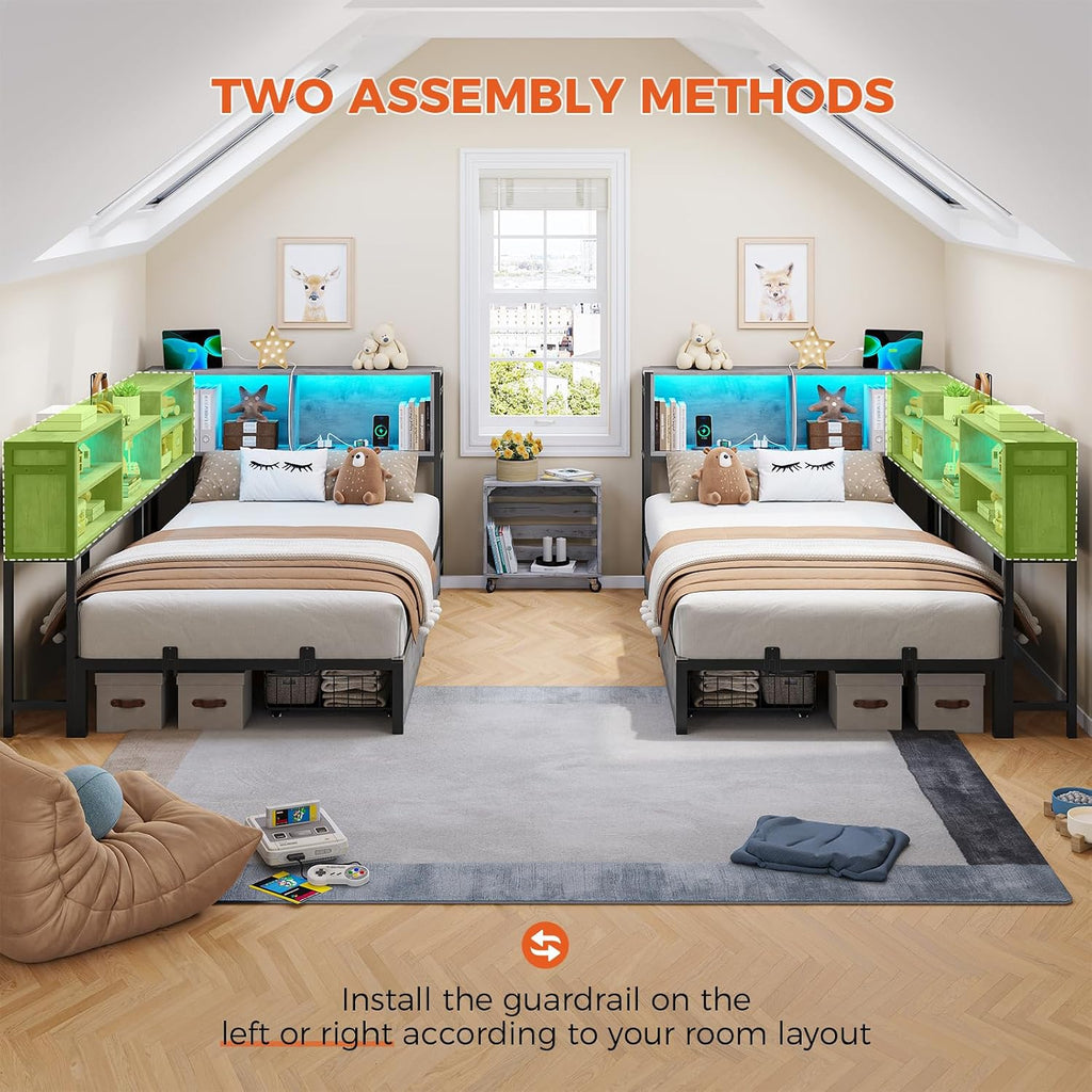 Corner Twin Bed Frame with Bookcase Storage Headboard and Led Lights,Twin Size Metal Platform Corner Bed Frames with