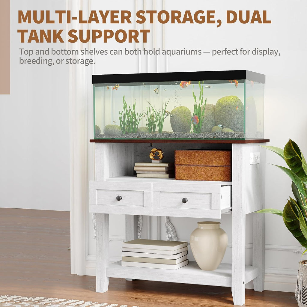 Heavy-Duty 20-29 Gallon Aquarium Stand with Charging Station, 660 lbs Capacity, Drawers & Open Storage - for Fish