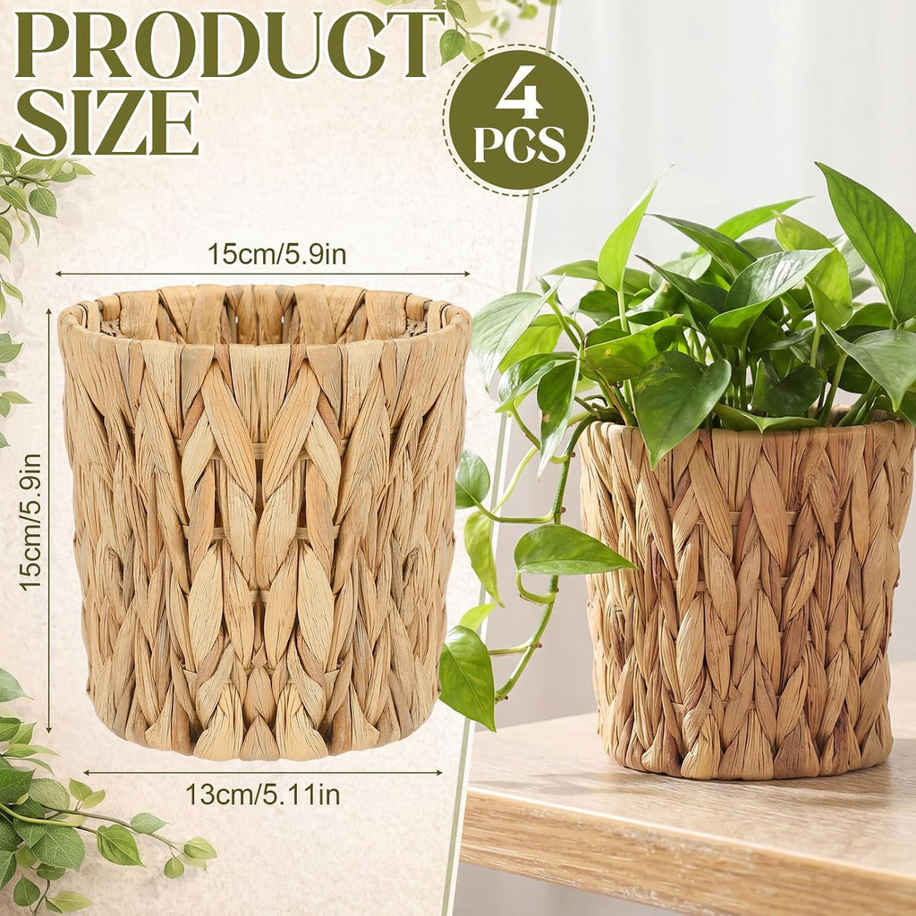 Set of 4 Water Hyacinth Planter Basket Boho Rattan Handwoven Storage Baskets Cottage Rustic Farmhouse Woven Rustic