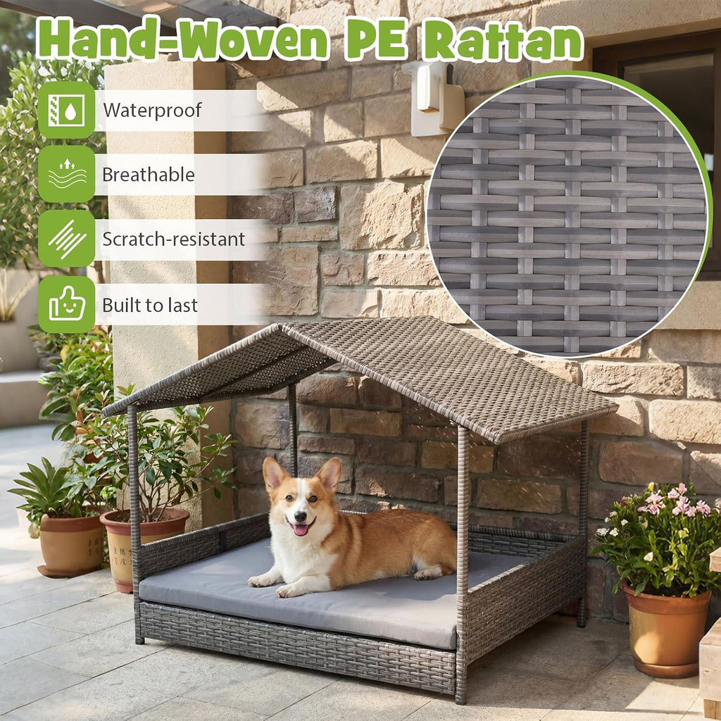 Outdoor Wicker Dog House with Roof Canopy, Elevated Rattan Dog Bed with Washable Cushion, Weatherproof Patio Pet Bed