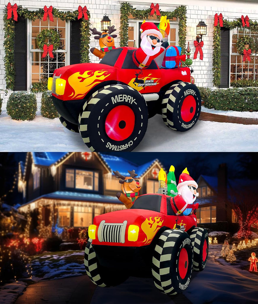 7FT Christmas Inflatable Outdoor Decoration, Inflatable Santa Claus & Reindeer on Monster Truck, Blow Up Yard