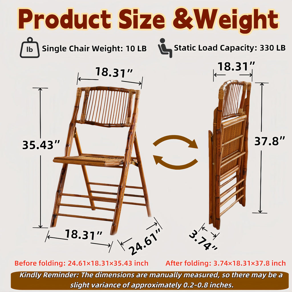 Bamboo Folding Chair, Completely Upgraded Foldable Vintage Dining Chair with 330lb Handcrafted Patio Garden Balcony