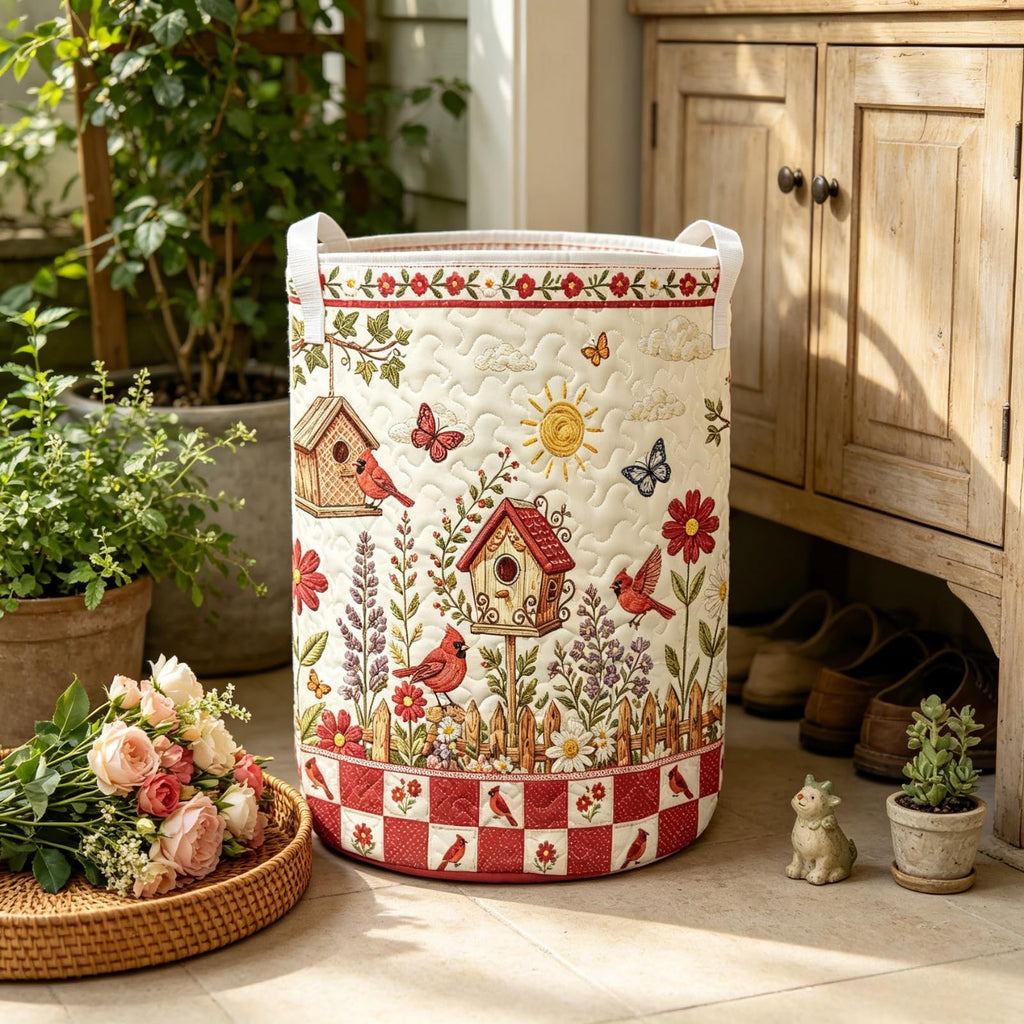 Cardinal Farmhouse Quilted Laundry Hamper, Vintage Storage Basket