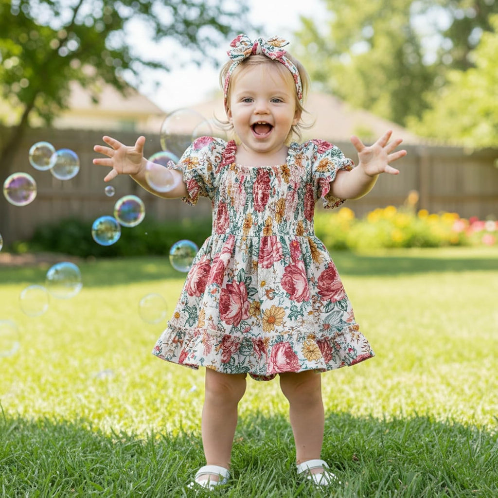 Baby Girl Romper Dress, Puff Sleeve Smocked Outfit with Headband for Infants Soft Cotton Photo Shoot