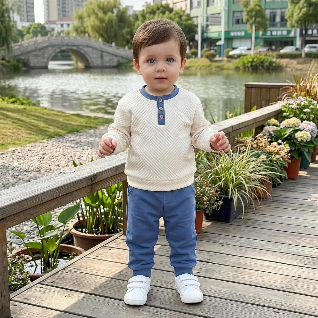 Toddler Boy Fall Winter Clothes Button Crewneck Sweatshirt and Pants Sets