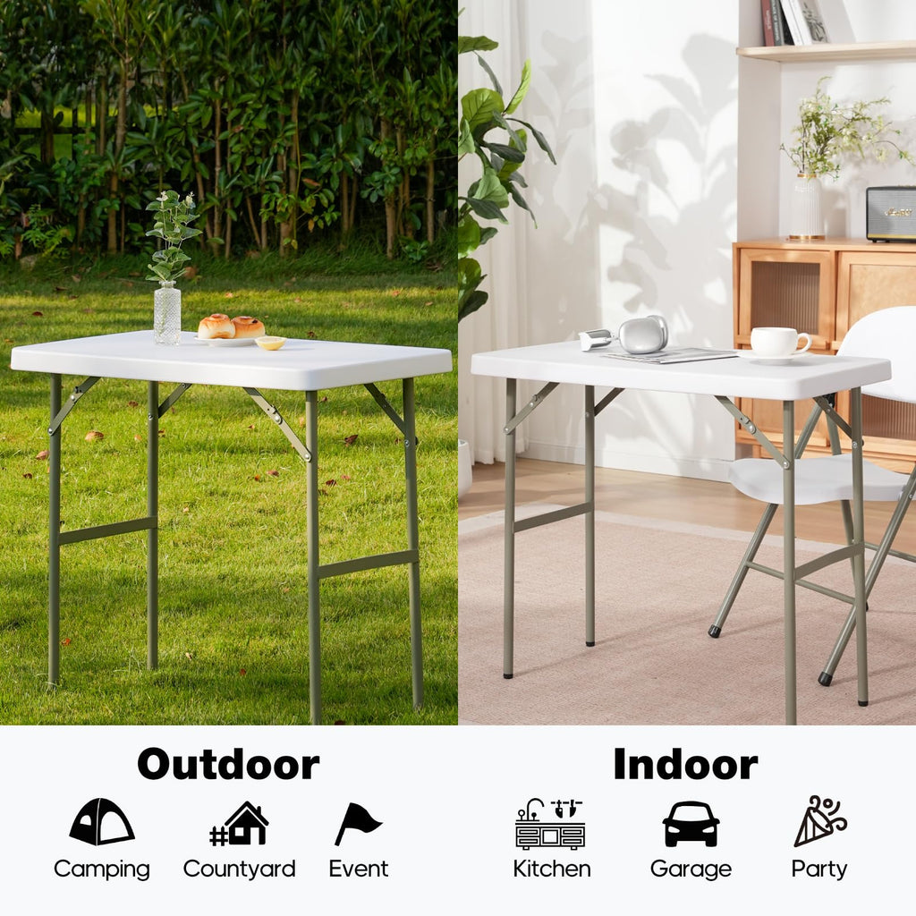 2.7ft Rectangular Folding Table for All-Occasion, Foldable Table with HDPE Tabletop and Steel Legs, Durable and