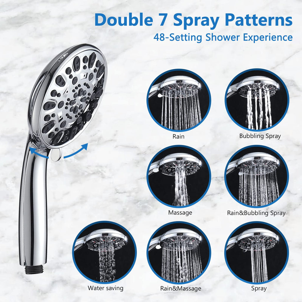 High Pressure 48-Settings Shower Head with Handheld Shower, Drill-Free 3-Way Diverter for Easy Reach, Adjustable Height