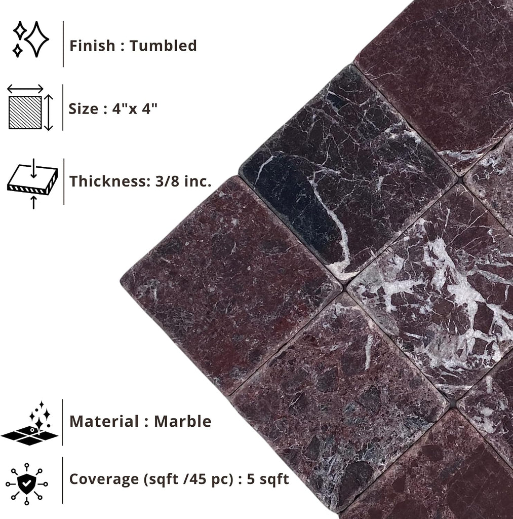 Rosso Rosa Levanto Burgundy Marble 4x4 Inch Antique Tumbled Aged Tile for Fireplace Surround, Wall Floor Bathroom