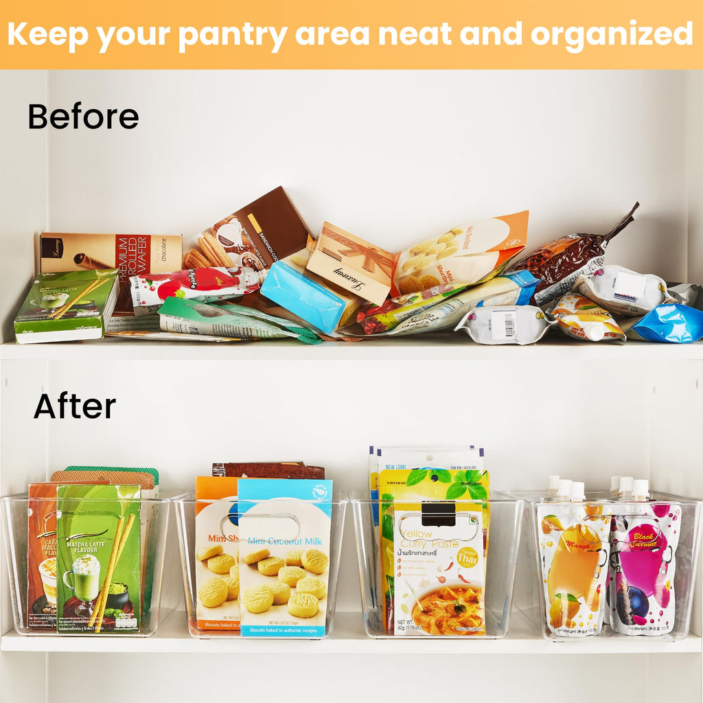 6 Pack Clear Storage Bins, Pantry Organizer Bins with Handle, Large