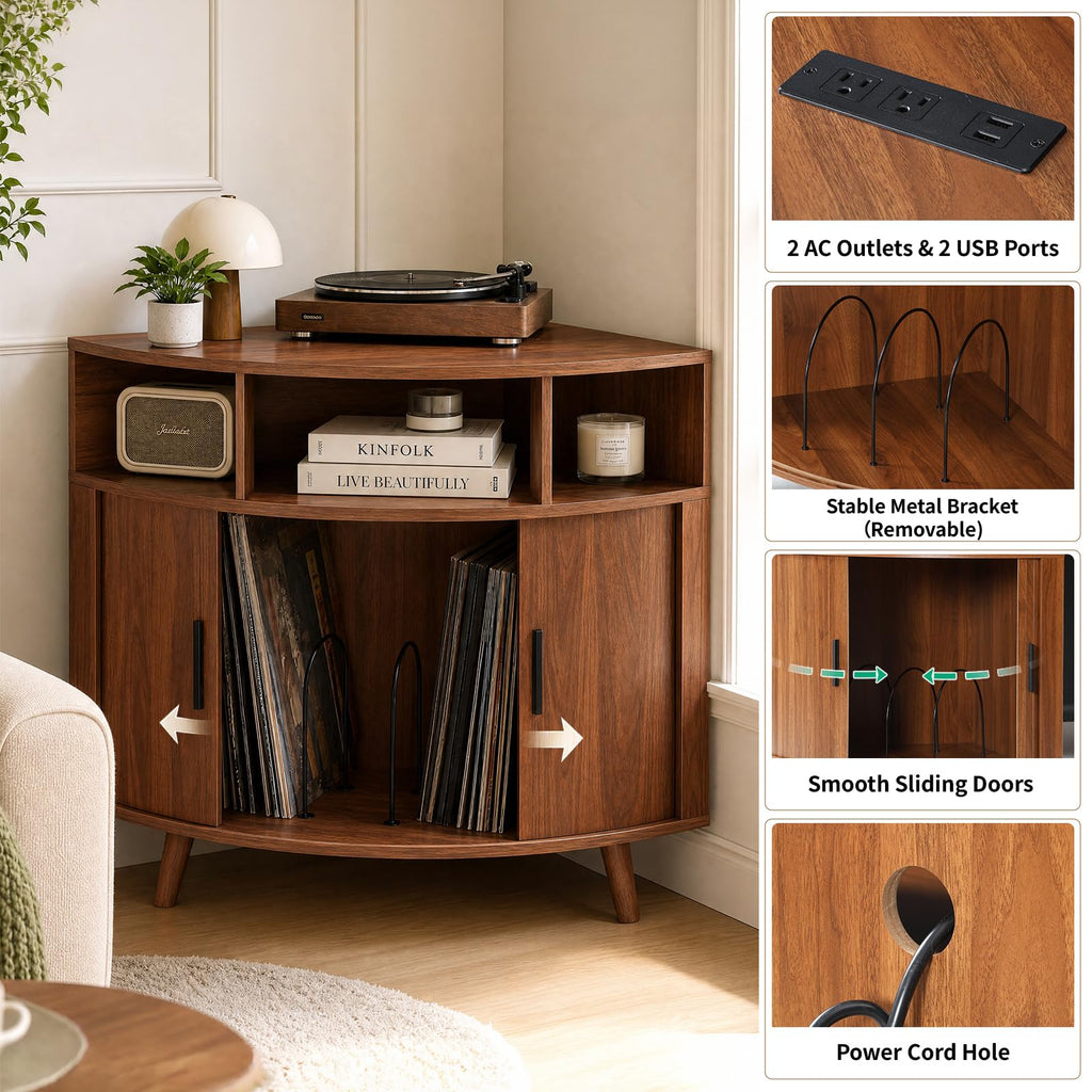 Corner Record Player Stand with Charging Station, Mid Century Modern Vinyl Storage Cabinet with Curved Door, Small