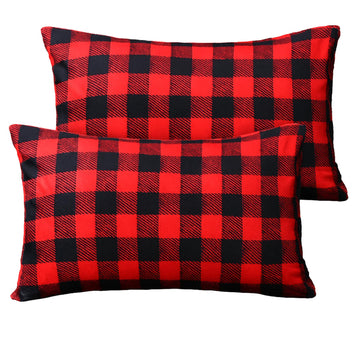 Flannel Pillow Cases Queen Size Set of 2, Red and Black Checkered 20x30"