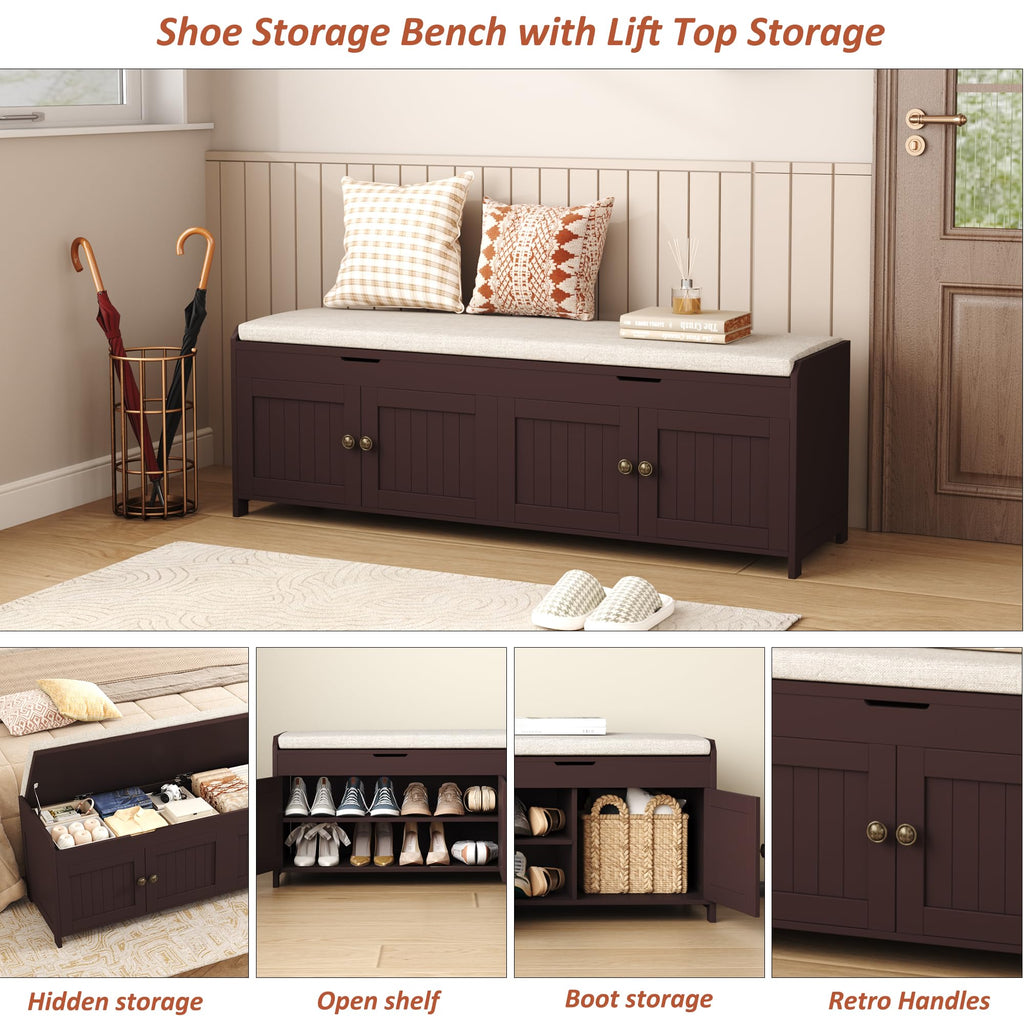 54.4" Shoe Bench with Lift Top Storage, Entryway Bench with Cushioned Seat, Wooden End of Bed Bench, Shoe Cabinet