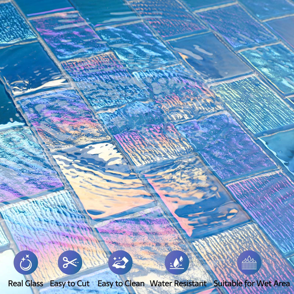 Pool Tile, Glass Backsplash Tiles Iridescent Blue 2x3 Inch Brick, 5 Sheets