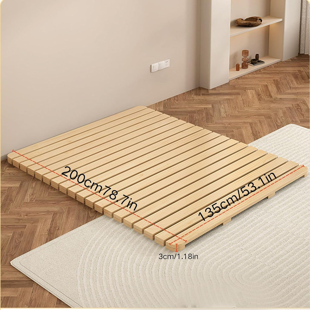 Solid Wood Slatted Bed Frame, Japanese Floor Platform, Natural Wood, Foldable Roll-Up Design, Breathable Tatami