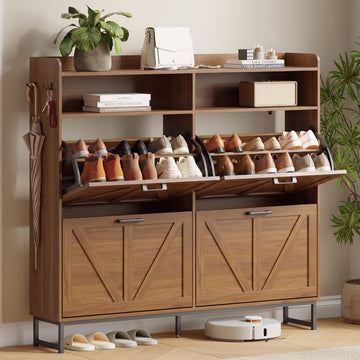 Shoe Storage Cabinet with 4 Flip Drawers, Entryway Shoe Rack, Walnut