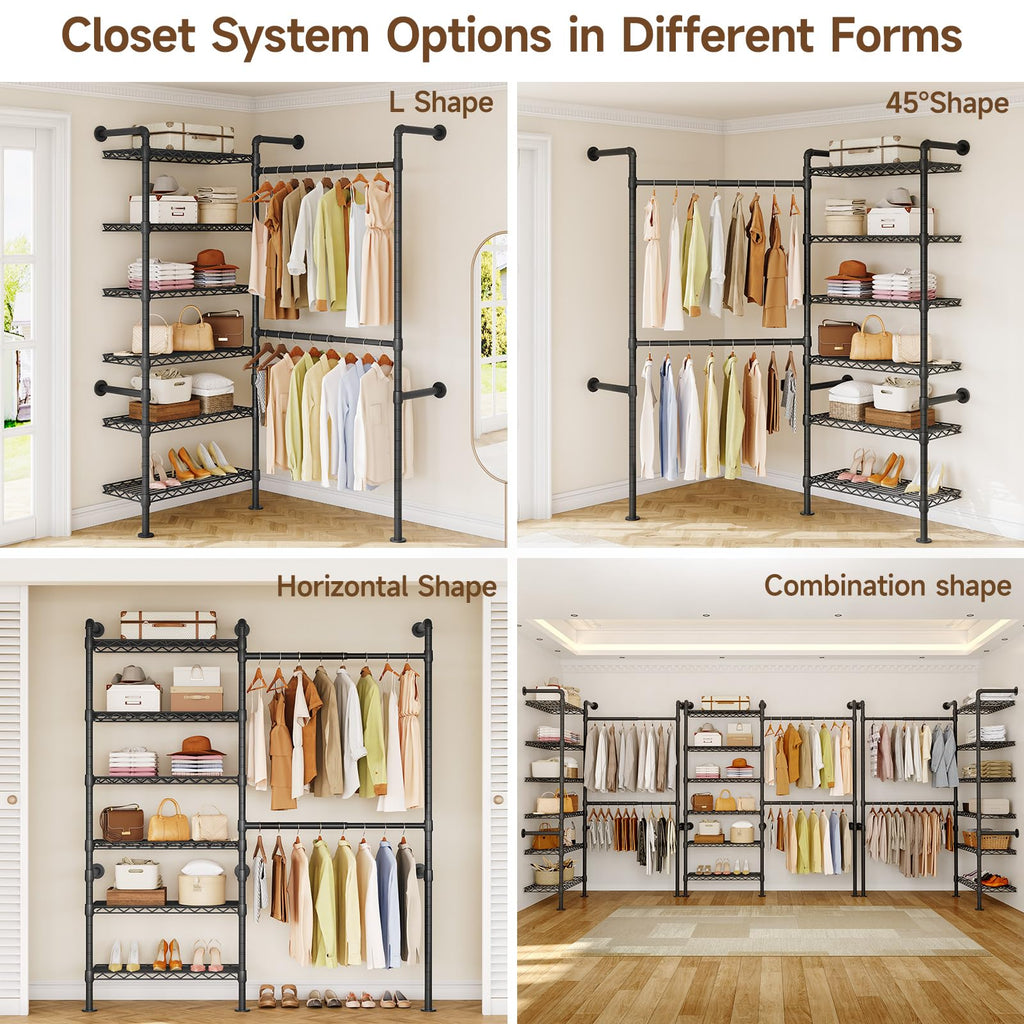 L2 Wall Mounted Closet System, Industrial Pipe Clothing Rack, Black