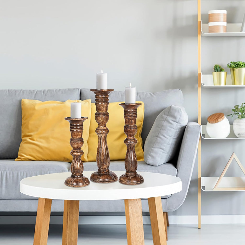 Wooden Candle Holder Set of 3, Tall Natural Burnt Pillar Candle Holders, Rustic Farmhouse Decor, Brown Wooden Candle