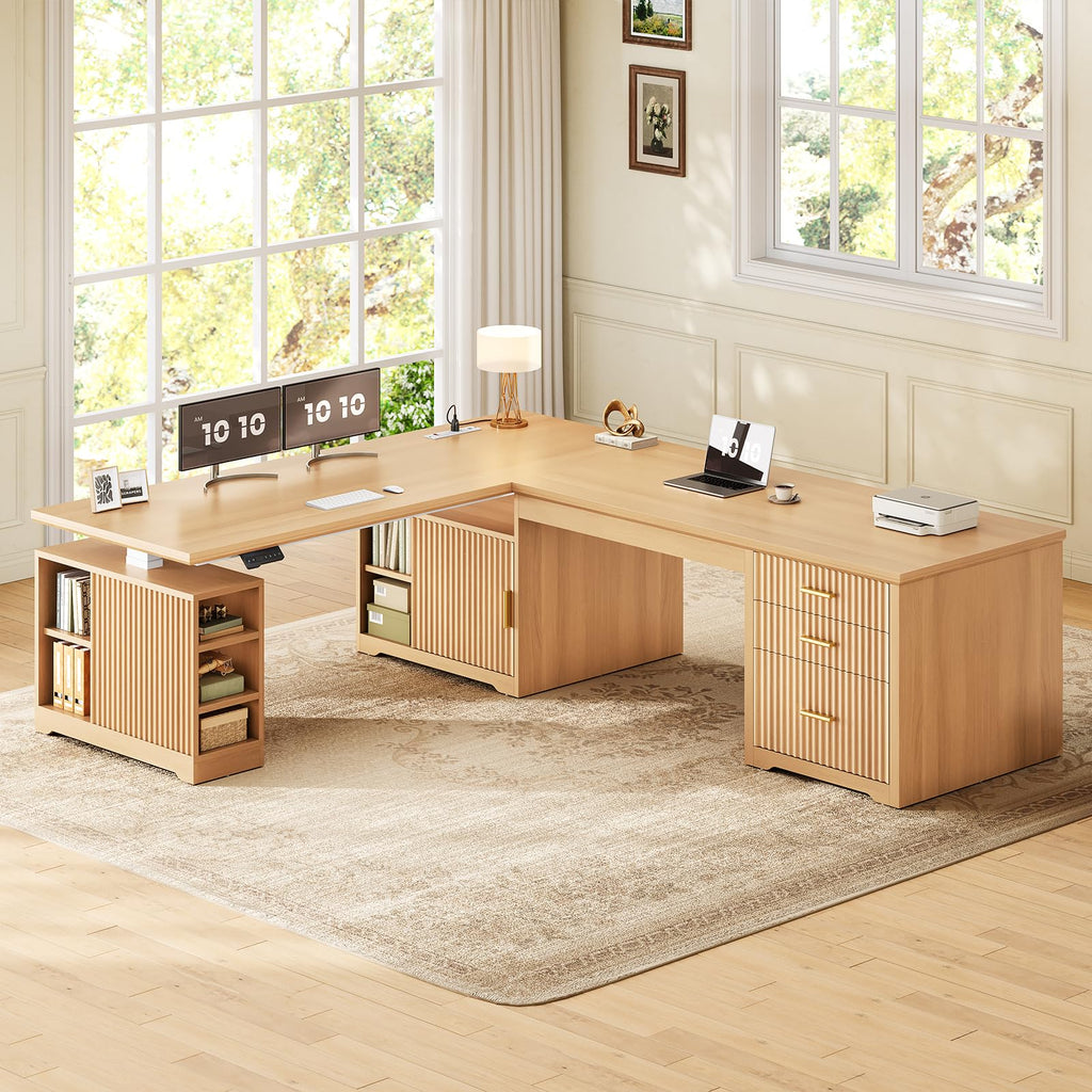 Fluted L Shaped Standing Desk with Storage, Oak
