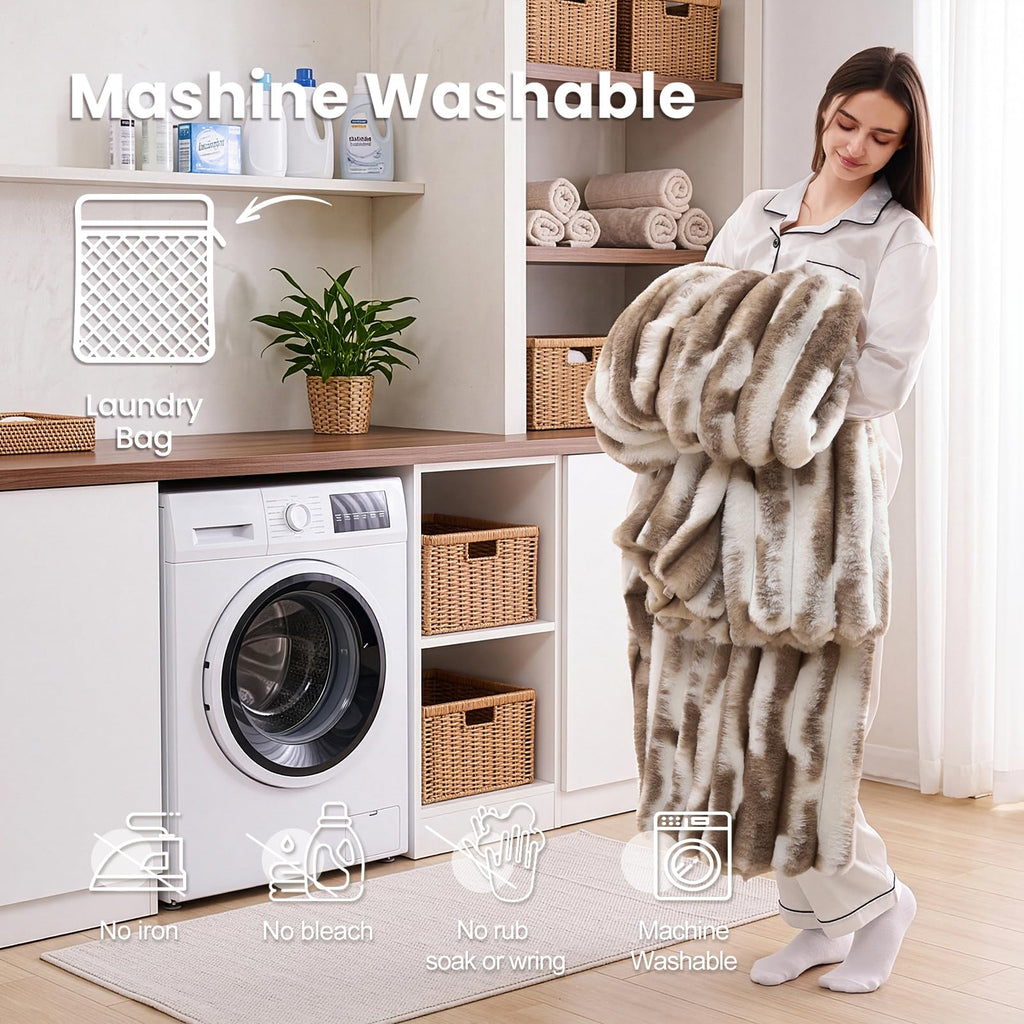 Faux Fur Throw Blanket for Couch, 3D Striped, 50x60 Inches, Taupe